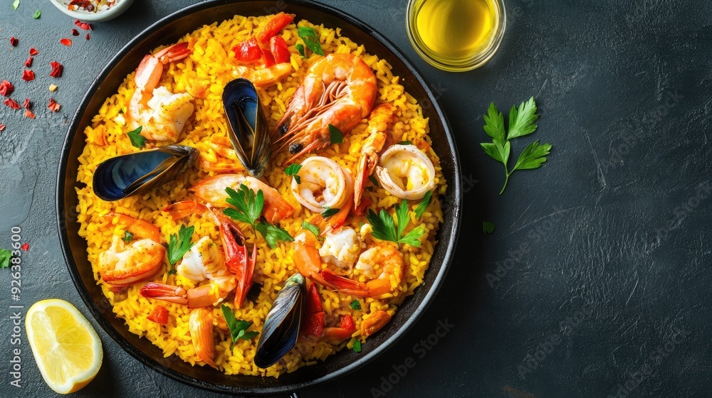 Traditional Spanish paella with seafood and saffron rice, top view Traditional Spanish paella with seafood and saffron rice, top view