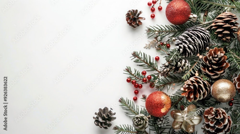Minimalist Christmas Background with Pinecones and Christmas Ornaments on White Surface Minimalist Christmas Background with Pinecones and Christmas Ornaments on White Surface