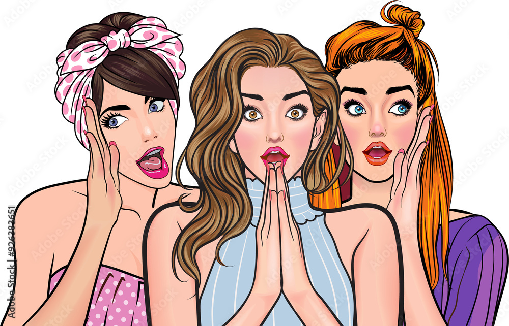 Woman whispering gossip or secret to her friend surprised In Retro Vintage Pop Art Comic Style Woman whispering gossip or secret to her friend surprised In Retro Vintage Pop Art Comic Style