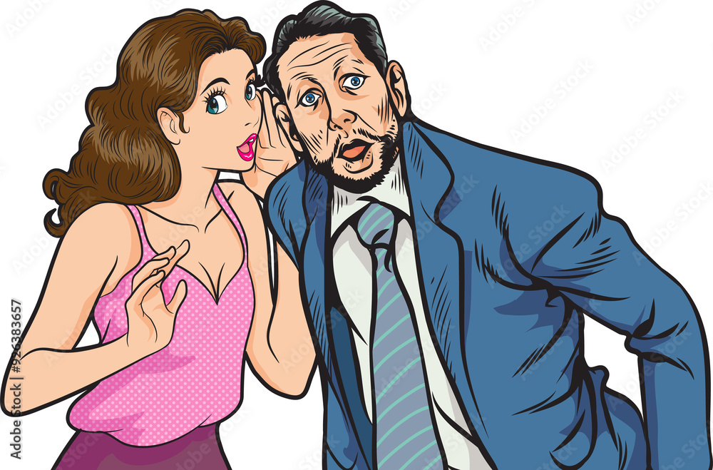 people whispering gossip or business secret to friend surprised In Retro Vintage Pop Art Comic Style people whispering gossip or business secret to friend surprised In Retro Vintage Pop Art Comic Style