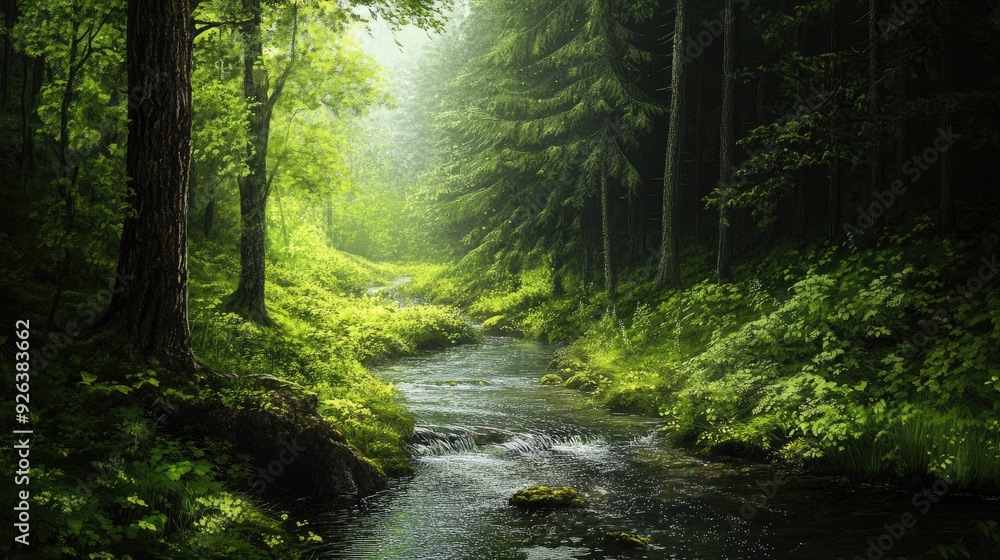 Tranquil forest stream surrounded by lush greenery and tall trees Tranquil forest stream surrounded by lush greenery and tall trees