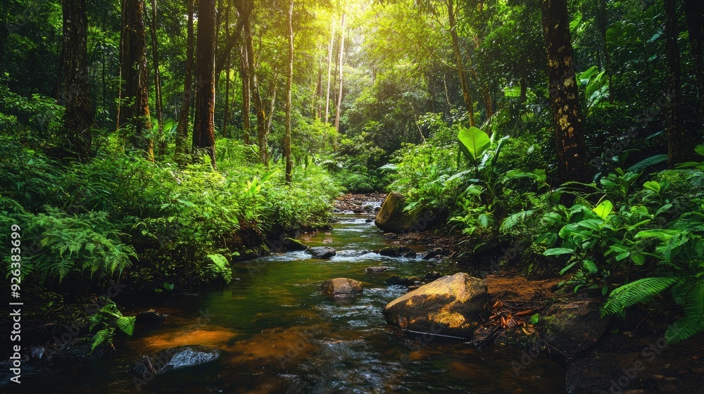 Tranquil forest stream surrounded by lush greenery and tall trees Tranquil forest stream surrounded by lush greenery and tall trees