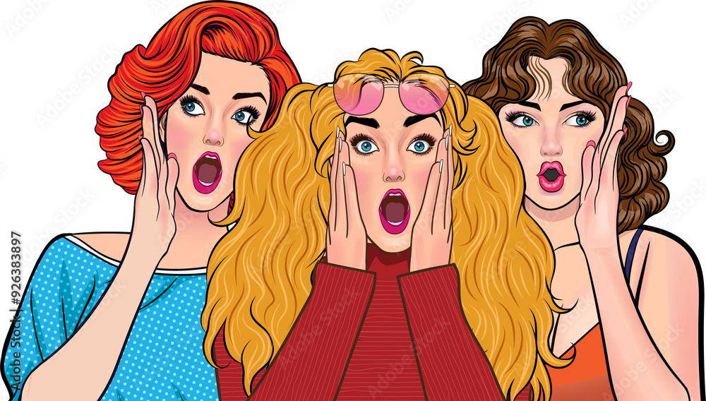 Woman whispering gossip or secret to her friend surprised In Retro Vintage Pop Art Comic Style Woman whispering gossip or secret to her friend surprised In Retro Vintage Pop Art Comic Style