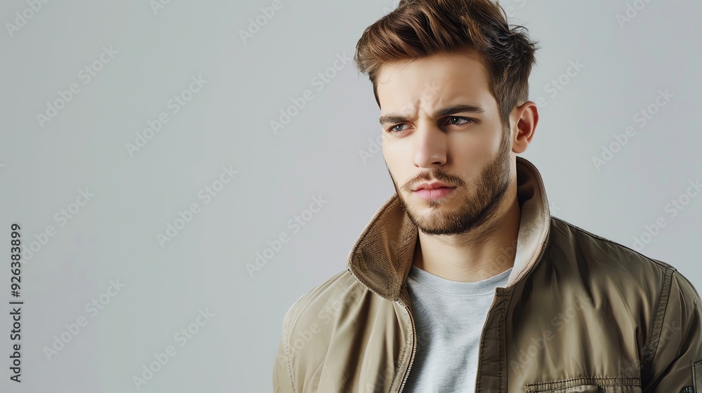 A man with brown hair and a beard wears a tan jacket and stares thoughtfully at something off-camera. A man with brown hair and a beard wears a tan jacket and stares thoughtfully at something off-camera.