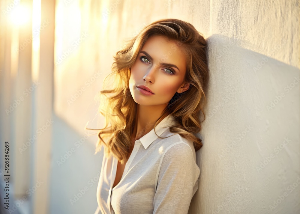 effortless chic female leaning against white wall soft focus background earthy tone makeup warm sunny lighting relaxed casual pose effortless glamour mood effortless chic female leaning against white wall soft focus background earthy tone makeup warm sunny lighting relaxed casual pose effortless glamour mood