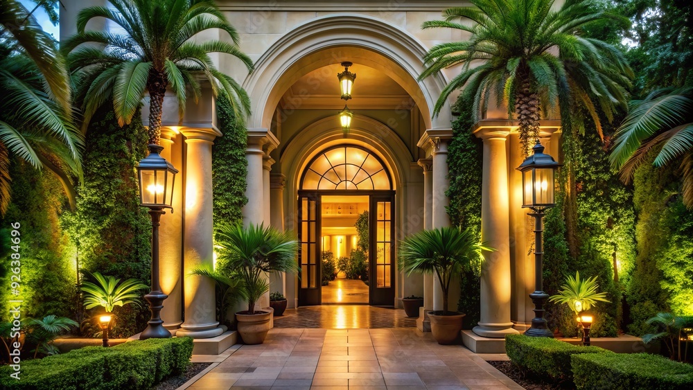 Fototapeta premium Elegant private estate entrance with stately columns grand arched doorway lush tropical greenery soft warm lighting refined classic architecture sophisticated black tie affair ambiance
