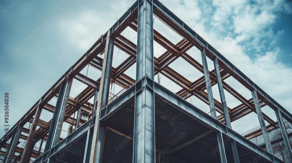 View of a partially constructed building with exposed steel framework View of a partially constructed building with exposed steel framework
