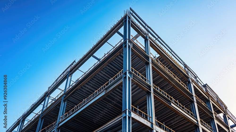 View of a partially constructed building with exposed steel framework View of a partially constructed building with exposed steel framework
