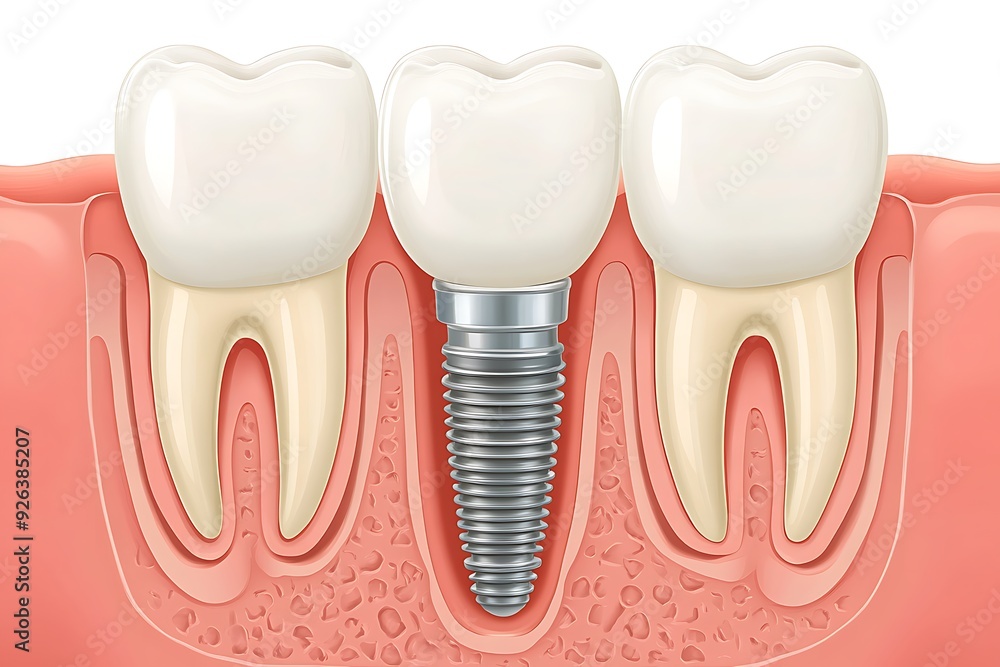 Illustration of a dental implant in the jawbone between two natural teeth, highlighting dental anatomy and implant structure Illustration of a dental implant in the jawbone between two natural teeth, highlighting dental anatomy and implant structure