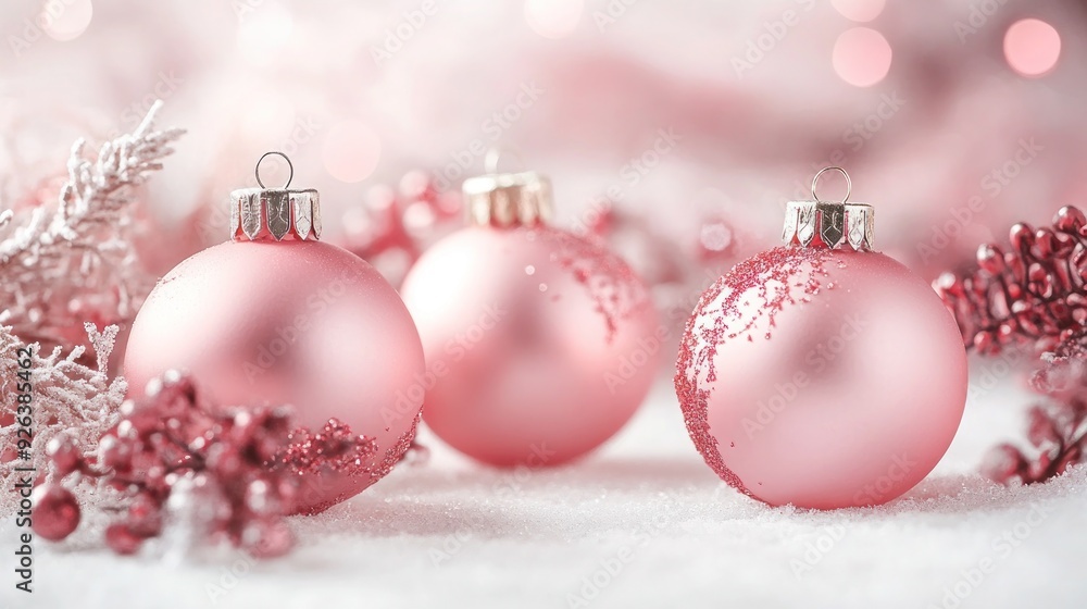 Chic Christmas Background with Pink and Frosted Decorations on White Surface Chic Christmas Background with Pink and Frosted Decorations on White Surface