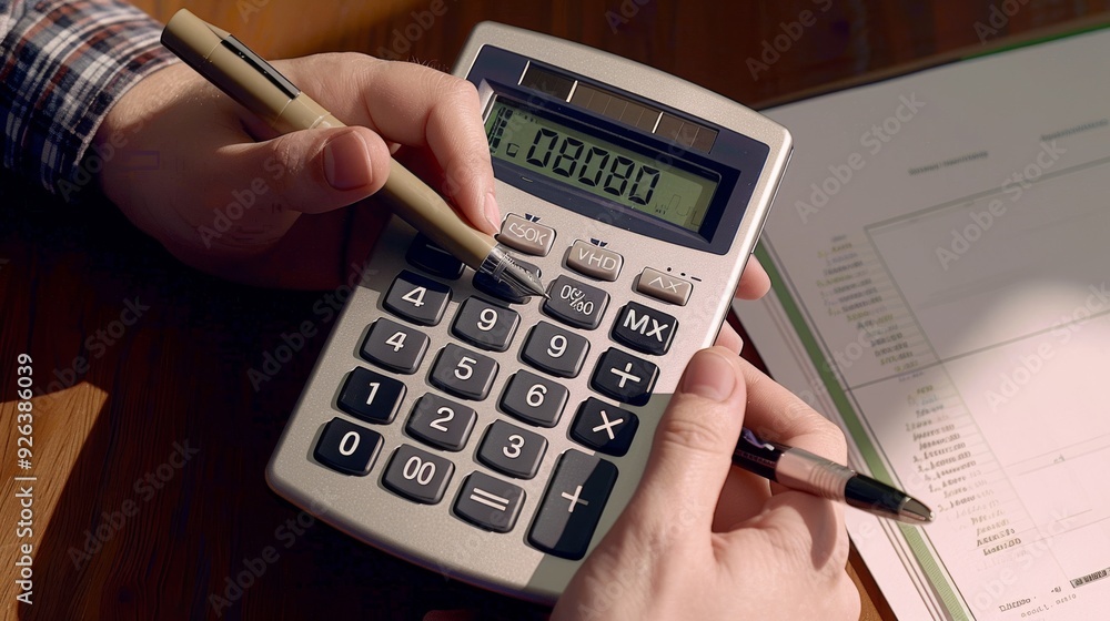 A businessman calculates his profit using a calculator. A businessman calculates his profit using a calculator.