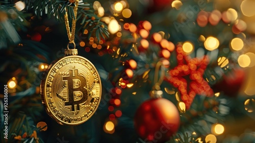 Festive Christmas Scene with Golden Bitcoin Ornament on Christmas Tree