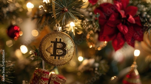 Festive Christmas Scene with Golden Bitcoin Ornament on Christmas Tree