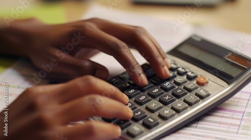 A businessman is using a calculator to add up his finances.