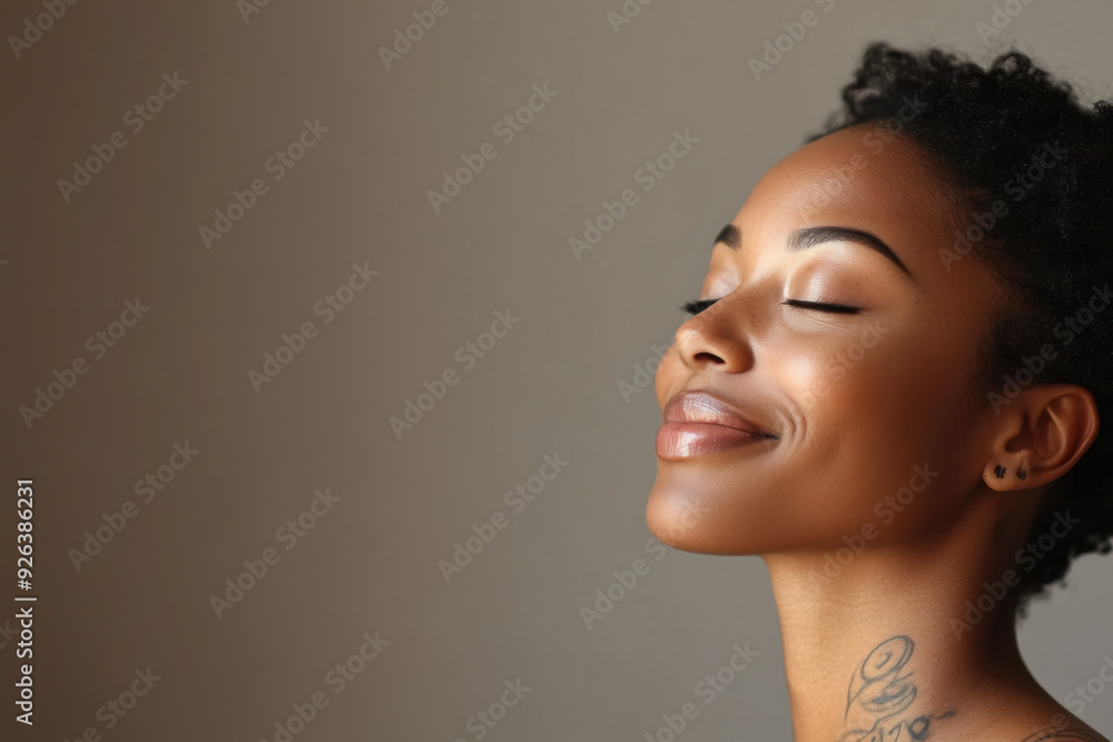 A close up of a tattooed black woman's face with her eyes closed A close up of a tattooed black woman's face with her eyes closed
