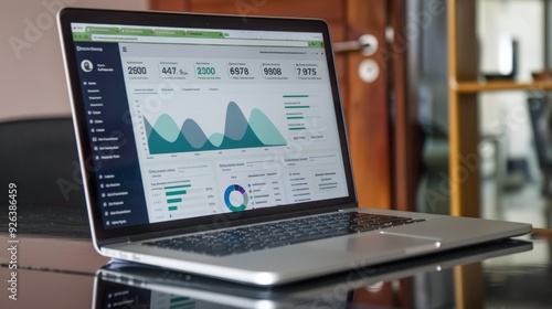 A laptop computer displaying a dashboard of business analytics and metrics.