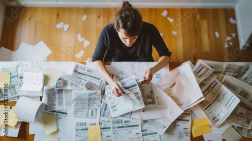 A woman is sitting at a desk covered in paperwork. She is looking at a document and holding a pen. She has a stressed expression on her face.