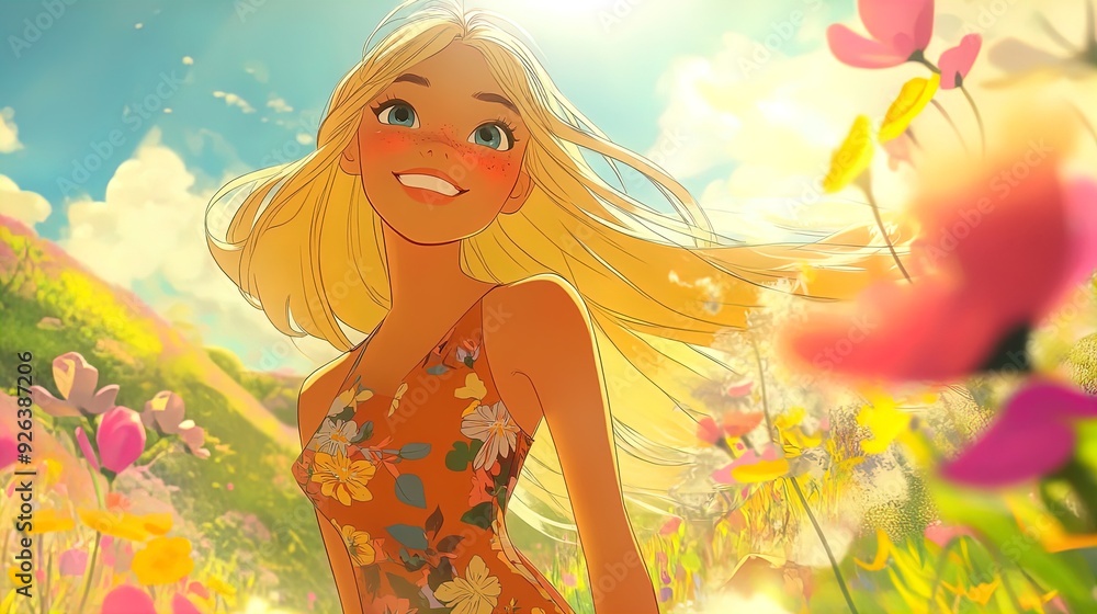 Charming Cartoon Character in Floral Dress: Bright Smiles Under Sunlight – Perfect for a Playful Poster in Kid's Rooms or Sporty Interiors! Charming Cartoon Character in Floral Dress: Bright Smiles Under Sunlight – Perfect for a Playful Poster in Kid's Rooms or Sporty Interiors!