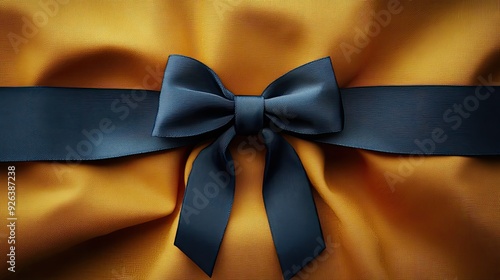 Navy Blue Bow on Golden Fabric Background Close-Up photo