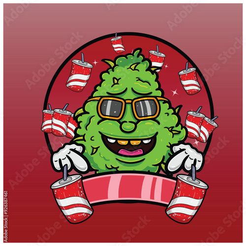 Weed Bud Cartoon With Cola Flavor. Weed Design For Logo, Label and Packaging Product.