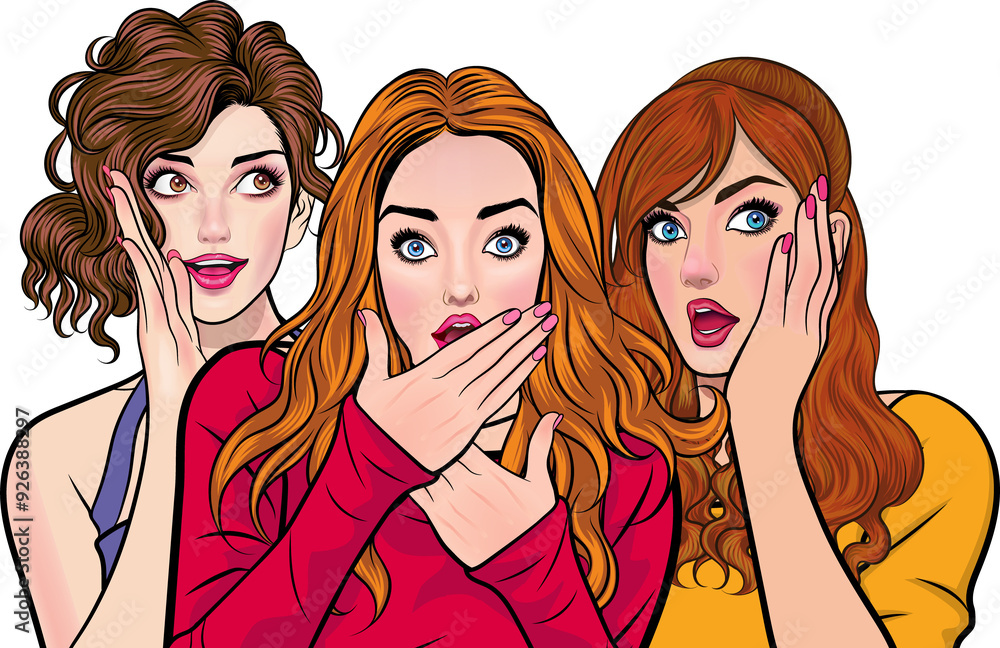 Woman whispering gossip or secret to her friend surprised In Retro Vintage Pop Art Comic Style Woman whispering gossip or secret to her friend surprised In Retro Vintage Pop Art Comic Style