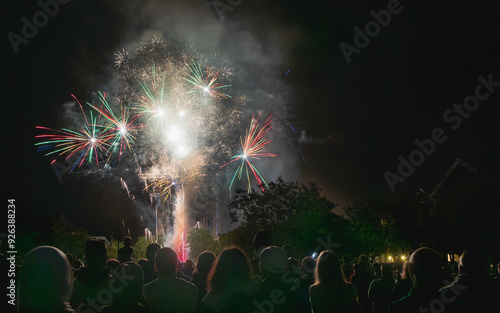 Fireworks. 
Group of people watching the fireworks.
French National Day in Soissons