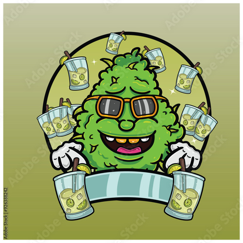 Weed Bud Cartoon With Mojito Flavor. Weed Design For Logo, Label and Packaging Product.