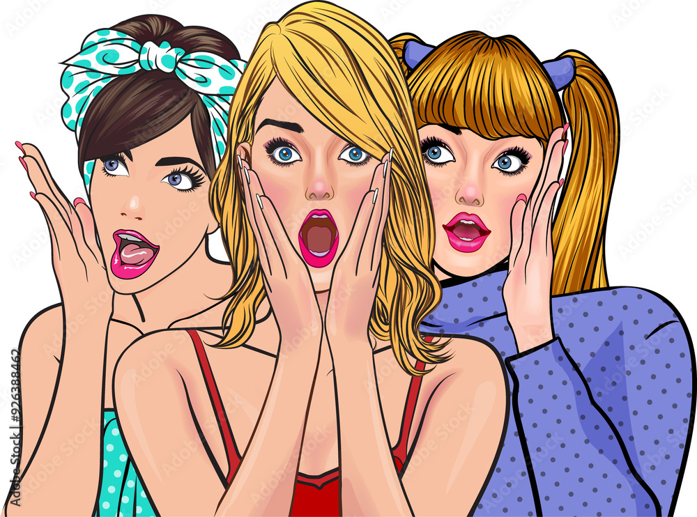 Woman whispering gossip or secret to her friend surprised In Retro Vintage Pop Art Comic Style Woman whispering gossip or secret to her friend surprised In Retro Vintage Pop Art Comic Style