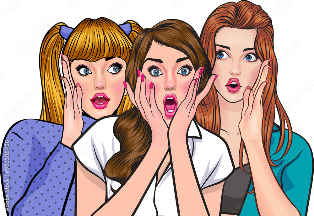 Woman whispering gossip or secret to her friend surprised In Retro Vintage Pop Art Comic Style Woman whispering gossip or secret to her friend surprised In Retro Vintage Pop Art Comic Style