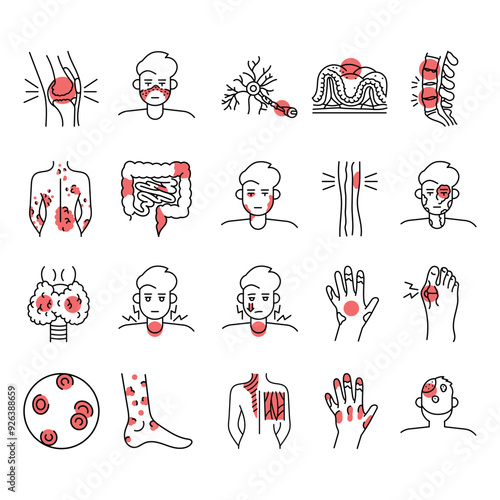 Autoimmune diseases color line icons set.