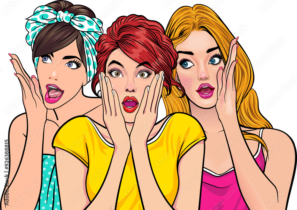 Woman whispering gossip or secret to her friend surprised In Retro Vintage Pop Art Comic Style Woman whispering gossip or secret to her friend surprised In Retro Vintage Pop Art Comic Style