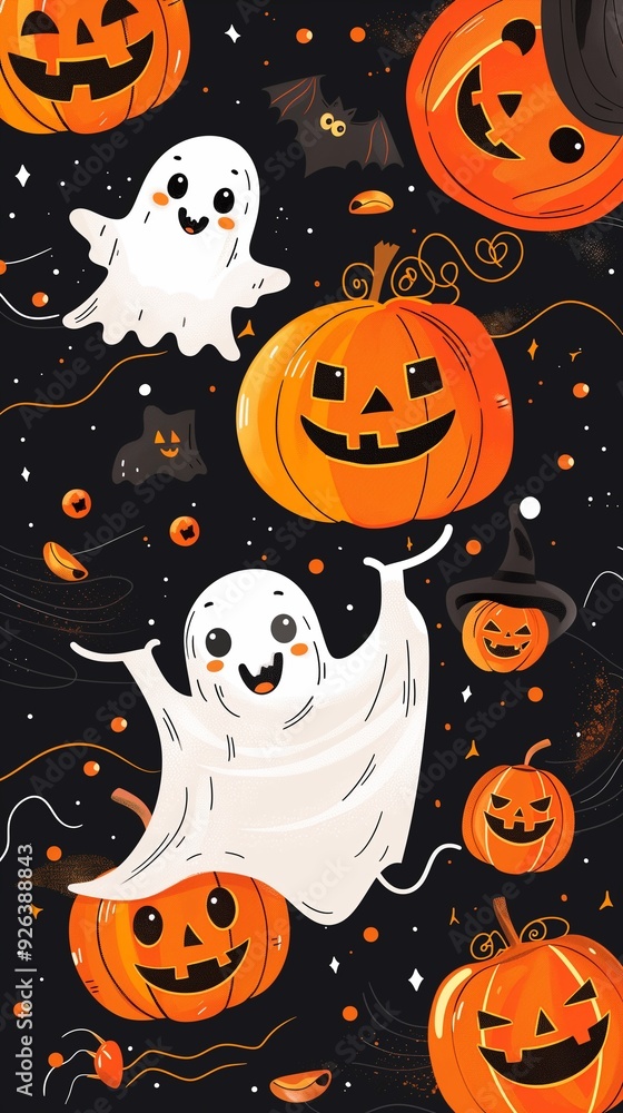 Cute Halloween emojis, smiling pumpkins, happy ghosts, bright orange and black background Cute Halloween emojis, smiling pumpkins, happy ghosts, bright orange and black background