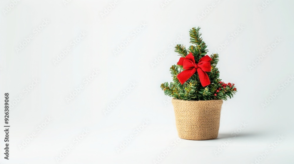 Small Christmas Tree with Red Bow in Burlap Pot on White Background Small Christmas Tree with Red Bow in Burlap Pot on White Background
