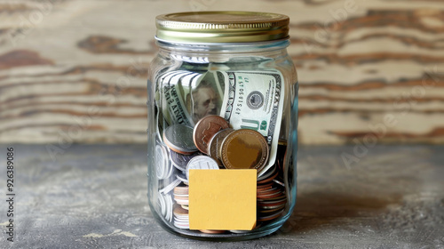 The jar is filled with American dollars and coins. The jar is labeled "new car fund".