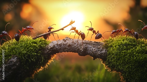 Ants carrying a branch, teamwork in nature, ants working together.