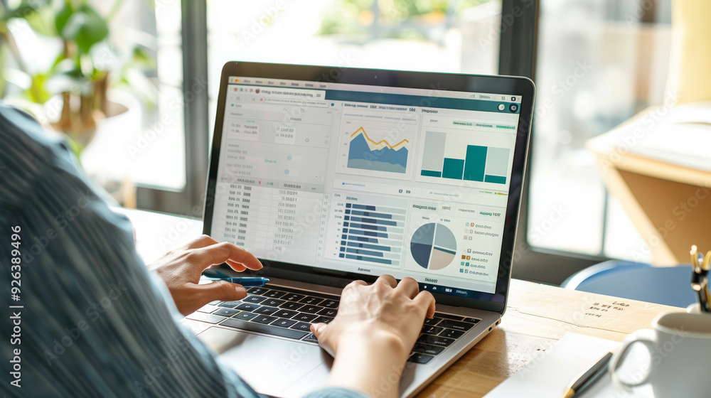 Businesswoman analyzing financial data on laptop screen.