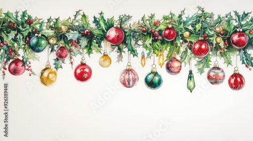 Watercolor Christmas Garland with Holly, Ornaments, and Lights on White Background