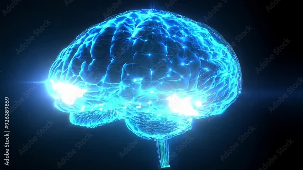 A brain with blue wires and lights surrounding it. The brain is shown in a 3D format A brain with blue wires and lights surrounding it. The brain is shown in a 3D format
