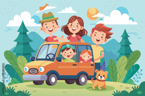 Happy family rides in a car. Dad, mom, children and a dog went on a vacation trip. Vector illustration
