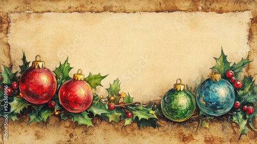 Vintage Christmas Garland with Ornaments and Lights on Beige Background
