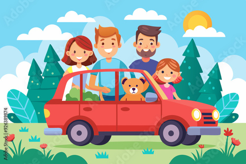Happy family rides in a car. Dad, mom, children and a dog went on a vacation trip. Vector illustration

