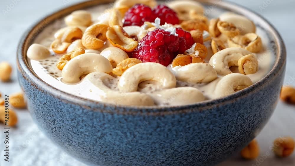 A bowl of cereal with nuts and raspberries A bowl of cereal with nuts and raspberries