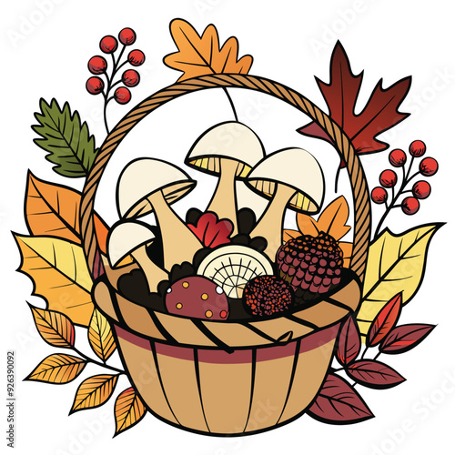 autumn basket with mushrooms, autumn leaves, a sprig of mountain ash