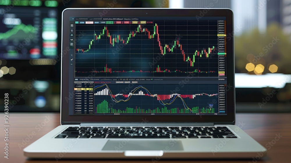 Laptop with graphs on the screen. Laptop with graphs on the screen.