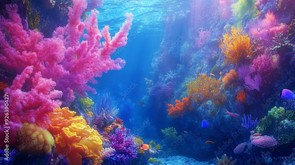Naklejka premium Colorful sea life surrounds vibrant coral formations. --ar 16:9 --v 6.1 Job ID: 5ba6e96c-332d-4411-a005-1db2af9b7d9b