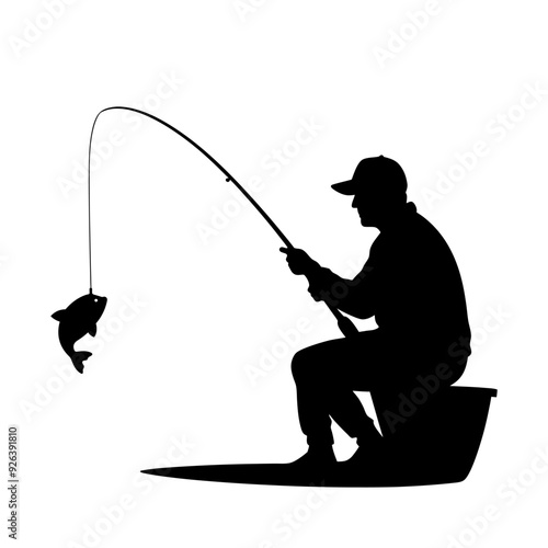 Fishing time black and white silhouette illustration