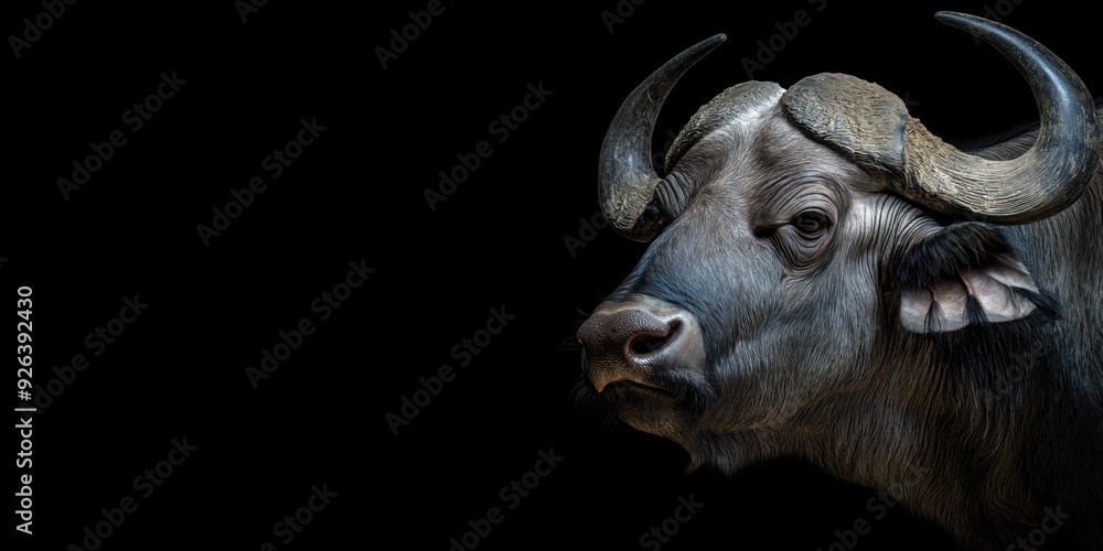 Naklejka premium Photo of a buffalo isolated against a black background, emphasising the buffalo's majestic features. Wildlife and conservation concept, space for copy.