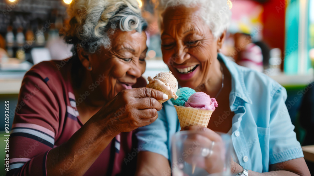 Two old black women are laughing and holding ice cream cones in a cafe. An elderly lesbian couple is eating ice cream. The concept of love Two old black women are laughing and holding ice cream cones in a cafe. An elderly lesbian couple is eating ice cream. The concept of love