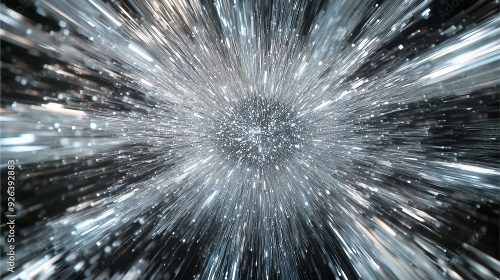 Obraz premium A burst of quantum particles in a silver gradient: High-speed motion blur with intense white light and sparkling particles.
