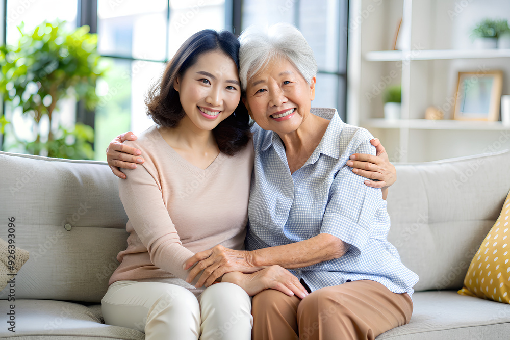 Asian Elderly mother and daughter holding hands happy and smiling sitting on the sofa hugging Asian Elderly mother and daughter holding hands happy and smiling sitting on the sofa hugging